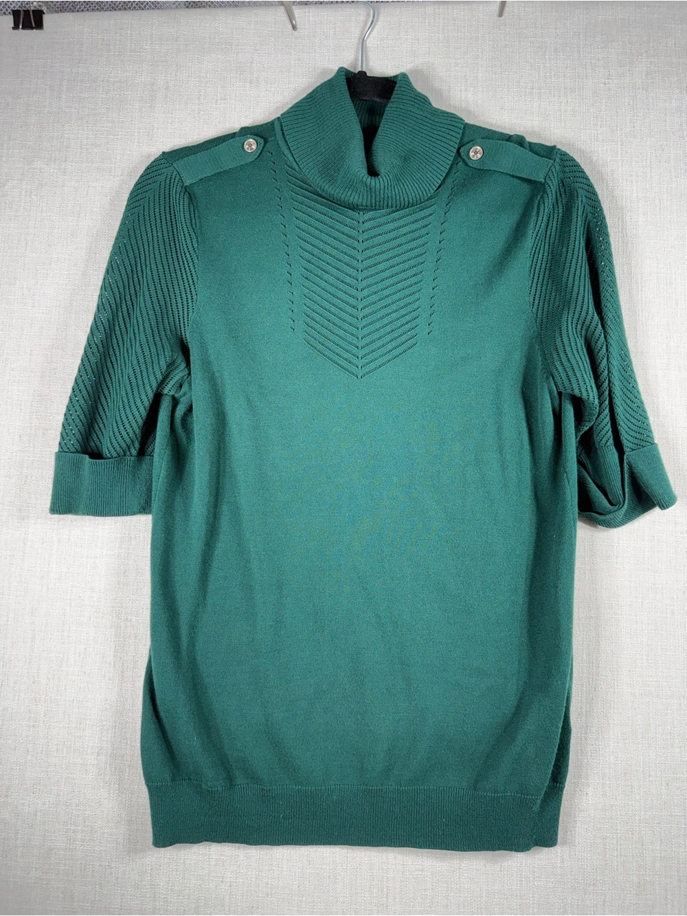 Short-Sleeve Turtleneck Sweater Top in Teal